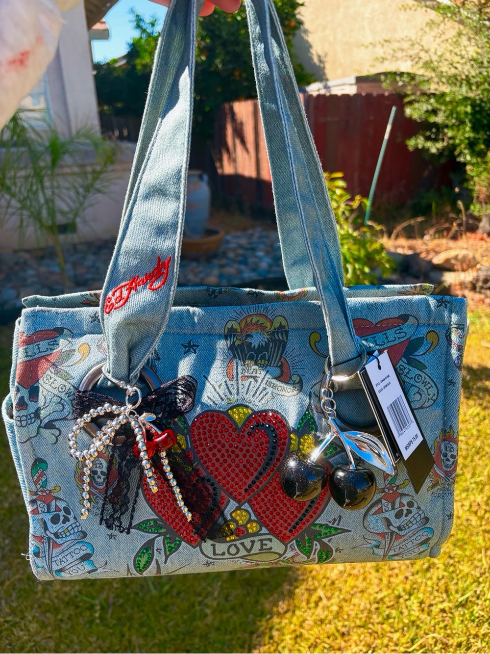 Ed Hardy Denim Tote in Blue with Red Heart and Black Cherry Charms
